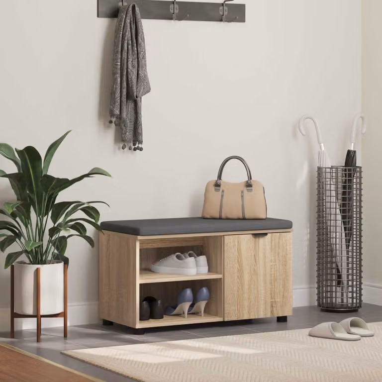 Panca per ingresso con scarpiera vidaXL in Rovere Sonoma e cuscino grigio, L 80 x P 38 x H 46 cm