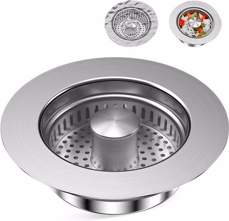 Tappo e filtro per scarichi 3-in-1 per cucine, tappo a scomparsa in acciaio inossidabile, protezione efficace dallo scarico e manutenzione semplice