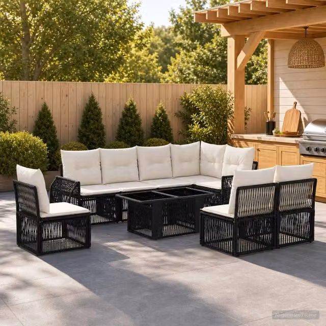 Set Divano da Giardino 9 pz Nero e Bianco Crema polyrattan 3436951
