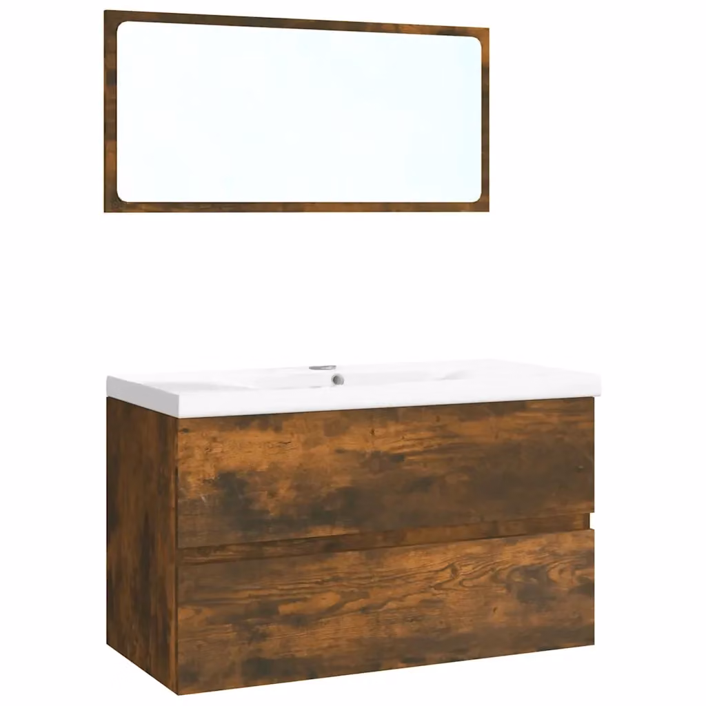 Set di mobili da bagno moderno vidaXL con mobile sottolavabo e armadietto specchio in rovere, colori marrone e bianco – 2