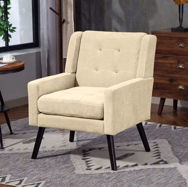 Poltrona imbottita ULEVR in lino beige con lavorazione capitonn¨¦, gambe in legno massello e portata 130 kg