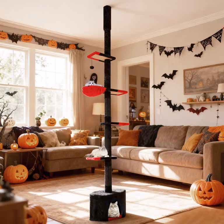 Albero per gatti Costway a pavimento e soffitto regolabile, torre a 5 livelli con condo, Nero, Altezza: 245-300 cm