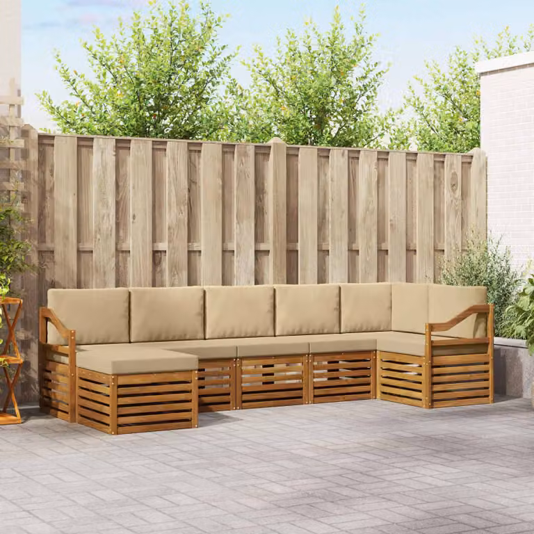 Set di divani da esterno vidaXL a L in legno di acacia con cuscini, 7 pezzi, Marrone e Beige