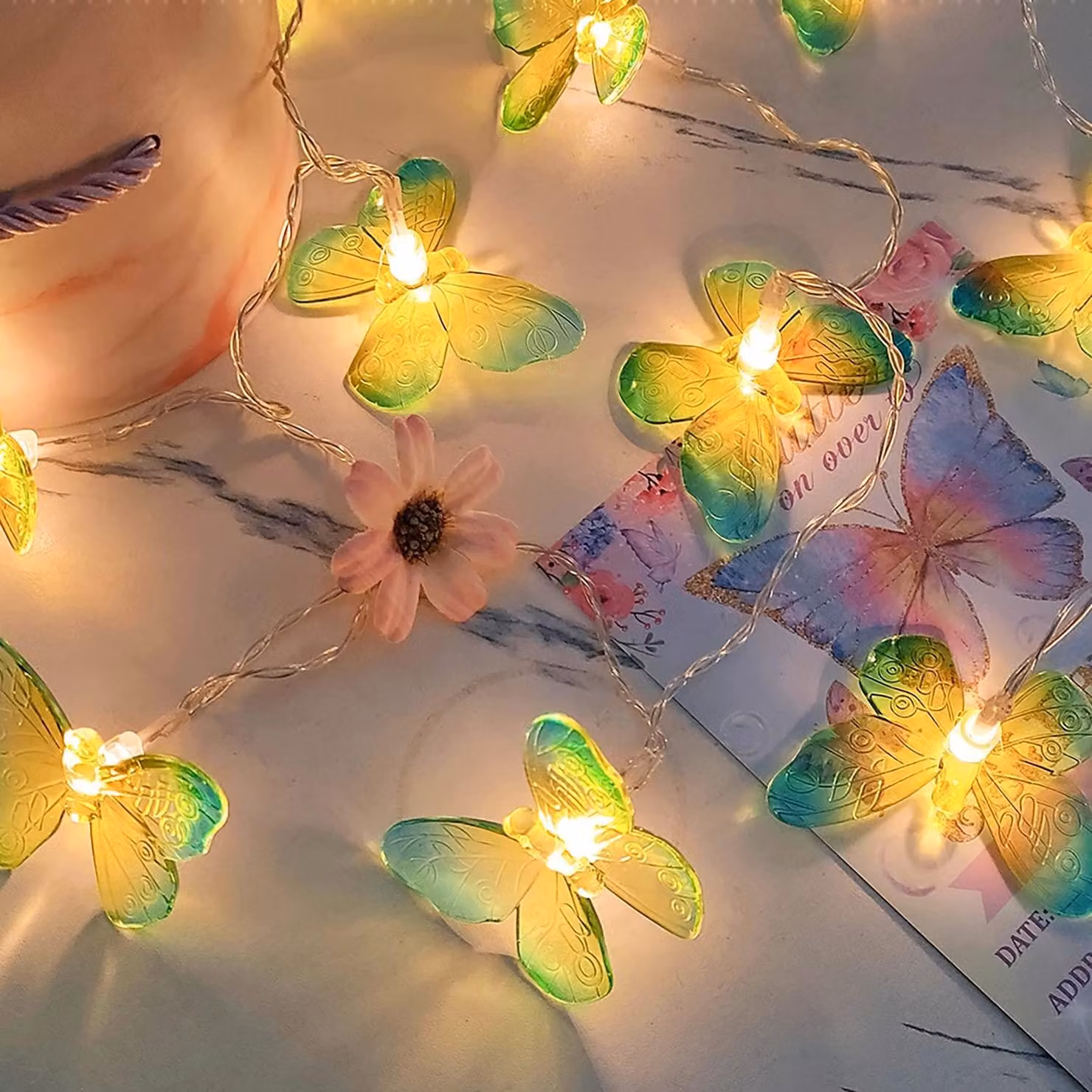 Catena luminosa a forma di farfalla, lunghezza 3 metri, 20 LED, luce bianco caldo, alimentazione a batteria