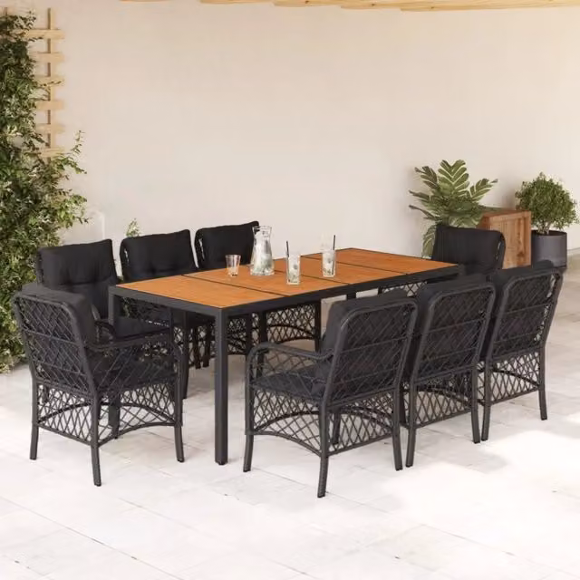 Set da pranzo da giardino vidaXL in legno di acacia oliato e rattan nero con 9 pezzi – 1