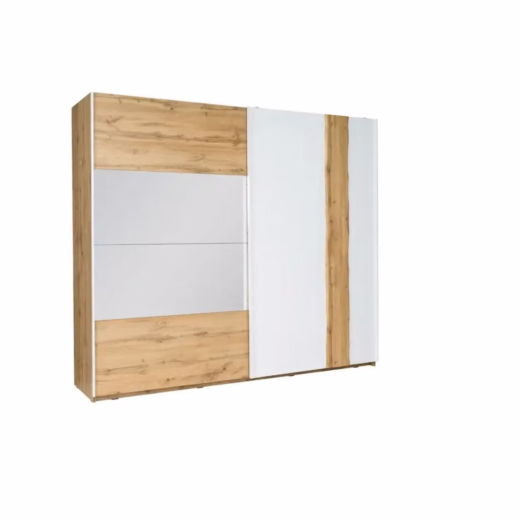 Set camera da letto moderna Meublorama in legno color rovere e bianco con letto LED 160x200 cm, armadio, comò, comodini e specchio – 2