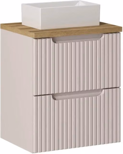 Set VANO cashmere e quercia 50cm: mobile sottolavabo con cassetti + piano per lavabo + lavabo rettangolare da appoggio