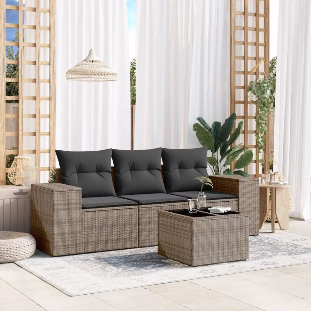 Set da giardino vidaXL composto da 4 pezzi in rattan con cuscini grigi e struttura in acciaio verniciato a polvere – 1