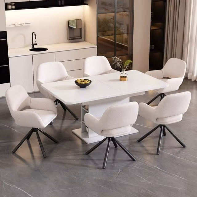 Set di 6 Sedie Girevoli da Pranzo in Tessuto Sherpa Bianco con Braccioli, Design Moderno e Semplice
