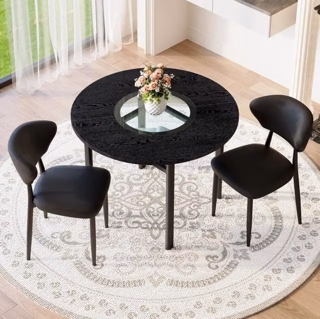 Tavolo rotondo 100 cm nero MDF e vetro; set con 2 sedie