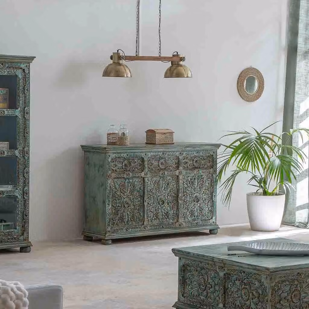 Credenza in legno laccato verde con decorazioni floreali ed etiche Wanderlust Deco L/P/H: 147 x 45 x 96 cm – 2