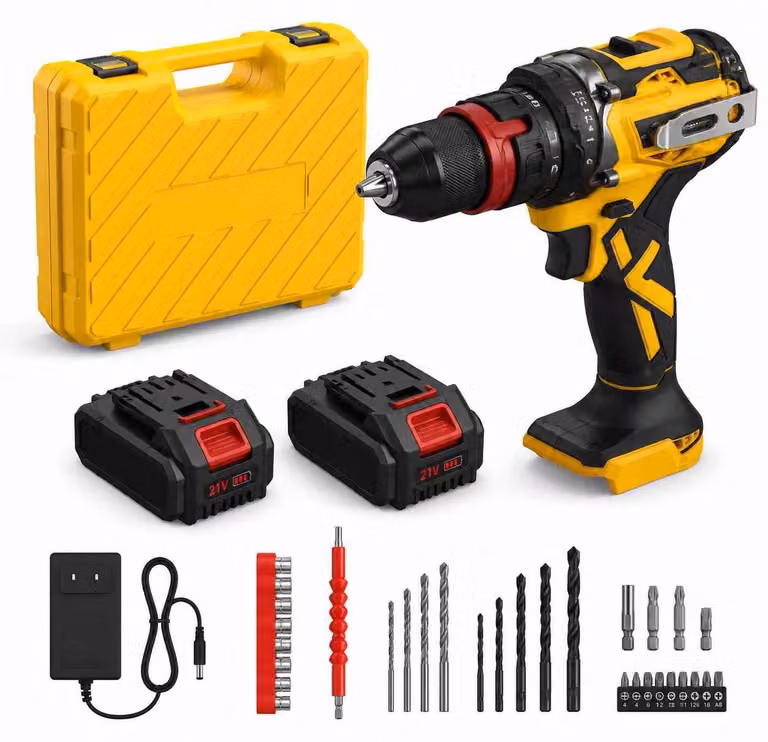 Trapano avvitatore a batteria Zimilo da 21V, set con 2 batterie agli ioni di litio, 45 Nm di coppia, motore brushless, 20+1 livelli di regolazione della coppia, mandrino autoserrante e custodia, colore giallo
