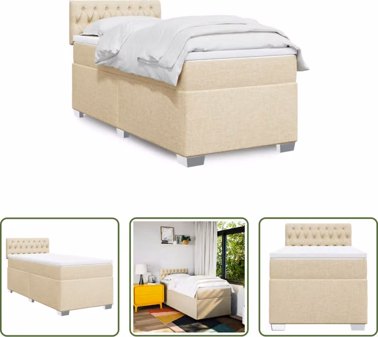 The Living Store Letto a molle con materasso crema 90x200 cm in tessuto
