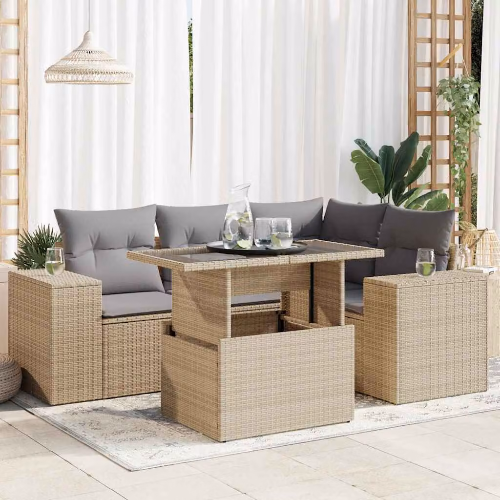 Set Divano da Giardino vidaXL a Forma di L composto da 5 Pezzi con Cuscini Beige e Tavolino, Struttura in Metallo e Polyrattan per Terrazza e Balcone