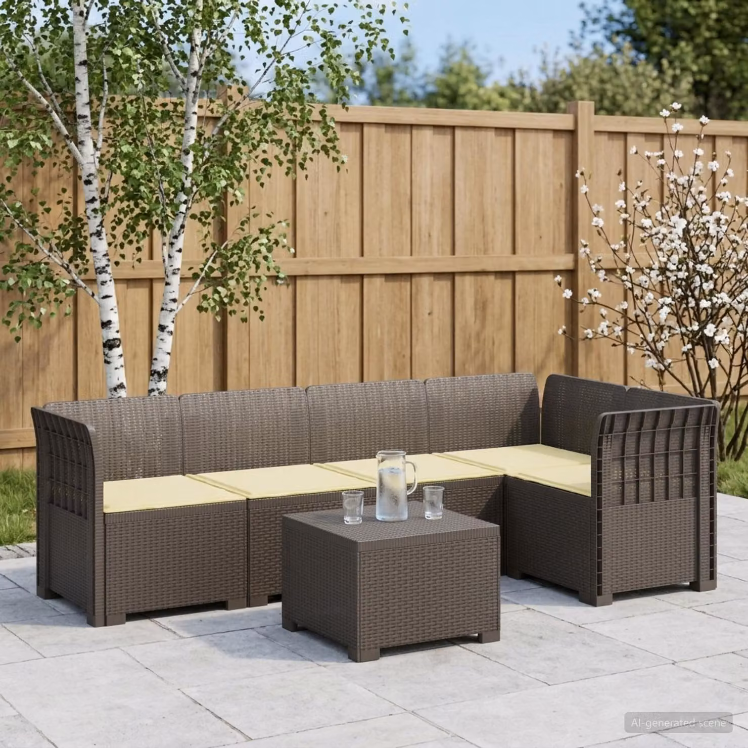 Set da giardino vidaXL a forma di L con divano da 5 posti, tavolino e cuscini in polyrattan con coperture rimovibili, disponibile in grigio, beige o marrone