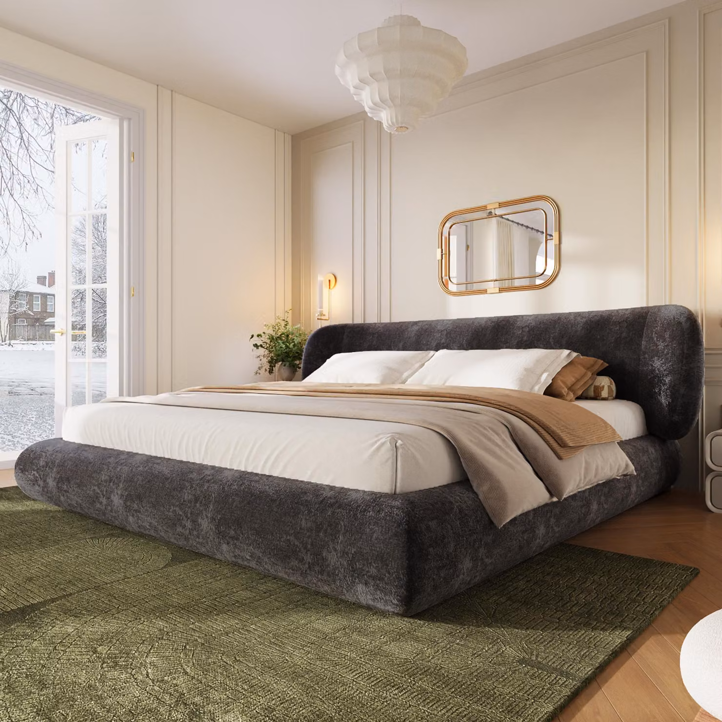 Letto imbottito STILVORA, 160 x 200 cm, con rete a listelli e testiera, letto per ragazzi con angoli arrotondati e rivestimento in chenille, letto matrimoniale con struttura in legno