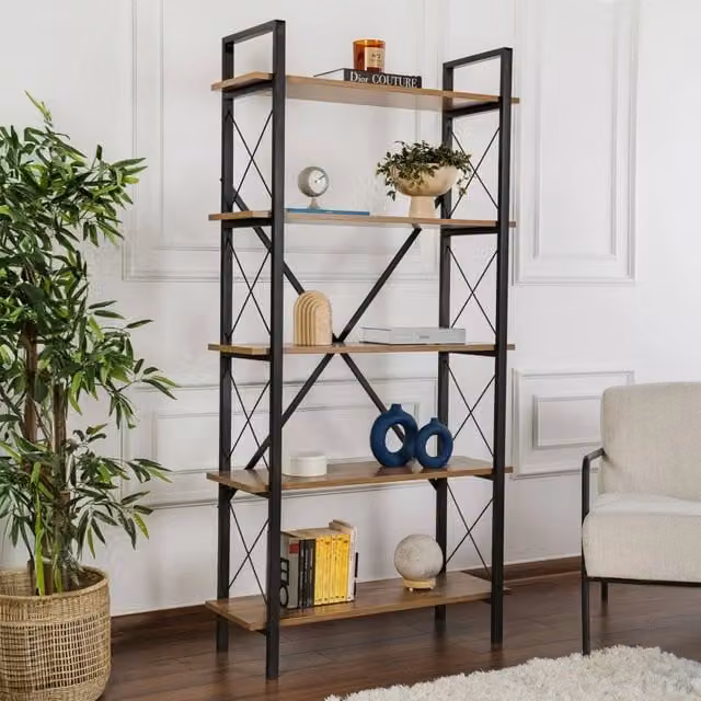 Libreria Suriel DMORA moderna in legno e metallo, colore Noce e Nero, L 90 cm x P 34 cm x H 180 cm