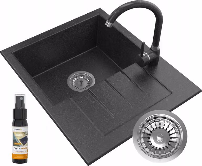 Granitan - Lavello in granito - Lavello da cucina - 57x46 cm - Nero - con rubinetteria BETA e scolapiatti - MILANO