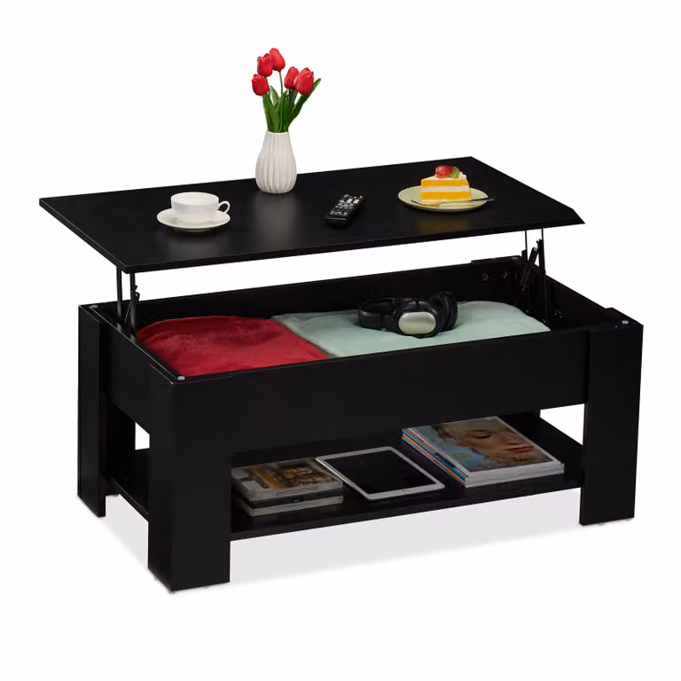 Tavolino pieghevole Relaxdays, LxPxA: 42x98x50 cm, tavolino da salotto con vano portaoggetti, ripiano aggiuntivo, nero