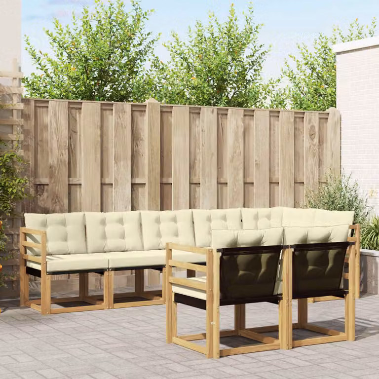 Set di divani da esterno vidaXL a forma di L composto da 8 pezzi in legno di acacia e textilene, colori bianco, beige e marrone con cuscini inclusi