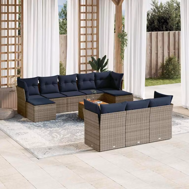 Set di divani da giardino vidaXL in polyrattan da 11 pezzi con cuscini grigi e blu a forma di L per esterno