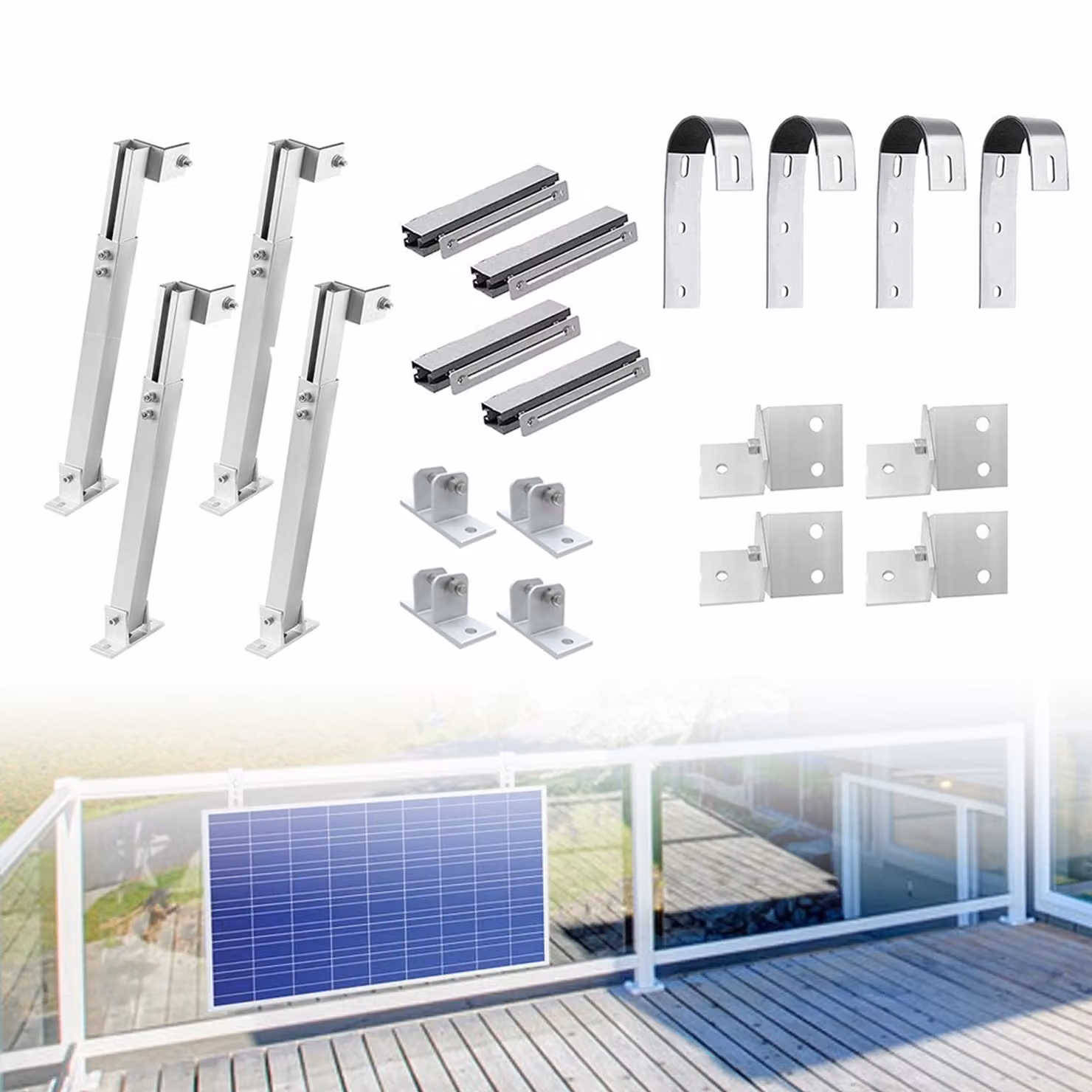 Supporto per impianti fotovoltaici da balcone, adatto per 2 pannelli solari. Gancio da balcone con gancio rotondo, supporto solare per balconi con ringhiere rotonde, sistema di fissaggio stabile per pannelli fotovoltaici