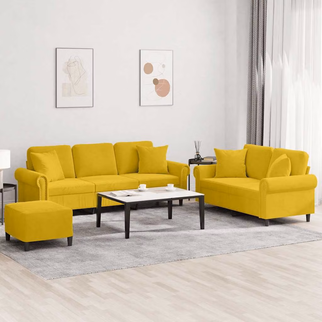 Set di divani vidaXL in velluto giallo con pouf e cuscini, composto da divano a 3 posti, divano a 2 posti e pouf per il tuo soggiorno moderno