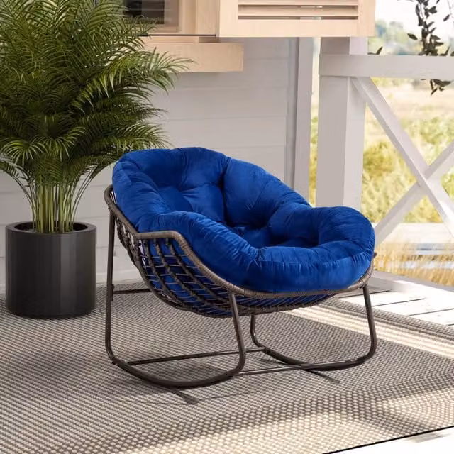 Sedia a dondolo da esterno in rattan con cuscino imbottito, reclinabile, blu navy, per veranda, soggiorno, patio e giardino