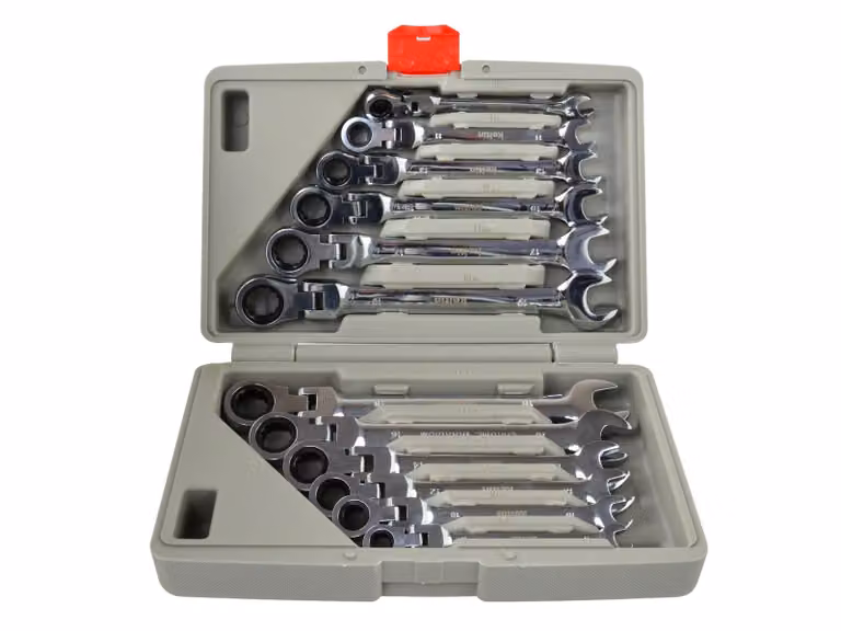 Set di chiavi combinate con cricchetto 8-19 mm, 12 pezzi, in robusta scatola di plastica, acciaio CrV, per officine professionali e uso domestico.
