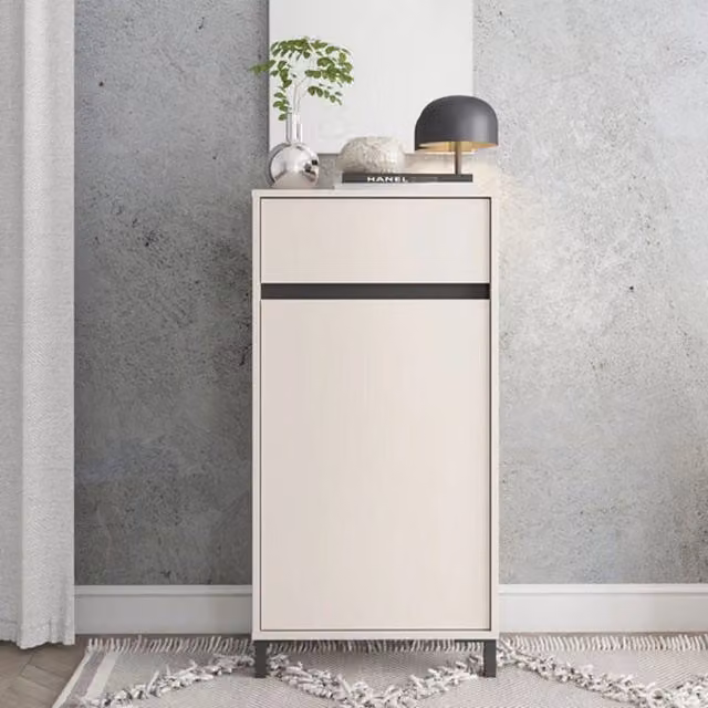 Mobile da ingresso moderno DMORA con cassetti e ripiani, Bianco e Beige, L: 55 cm, P: 40 cm, H: 109,5 cm