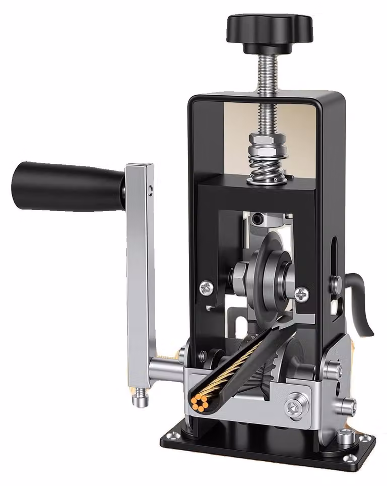 Macchina per la rimozione dell'isolamento dei cavi, materiale: ferro, dimensioni: 21 × 14 × 3,5 cm, diametro di isolamento removibile: da 2 a 25 mm, peso: 1,0 kg, funzionamento manuale con manovella e possibilità di utilizzo con trapano
