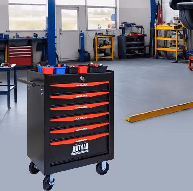 Carrello portautensili 52,5 x 33 x 77,5 cm in acciaio nero e rosso, 6 cassetti –