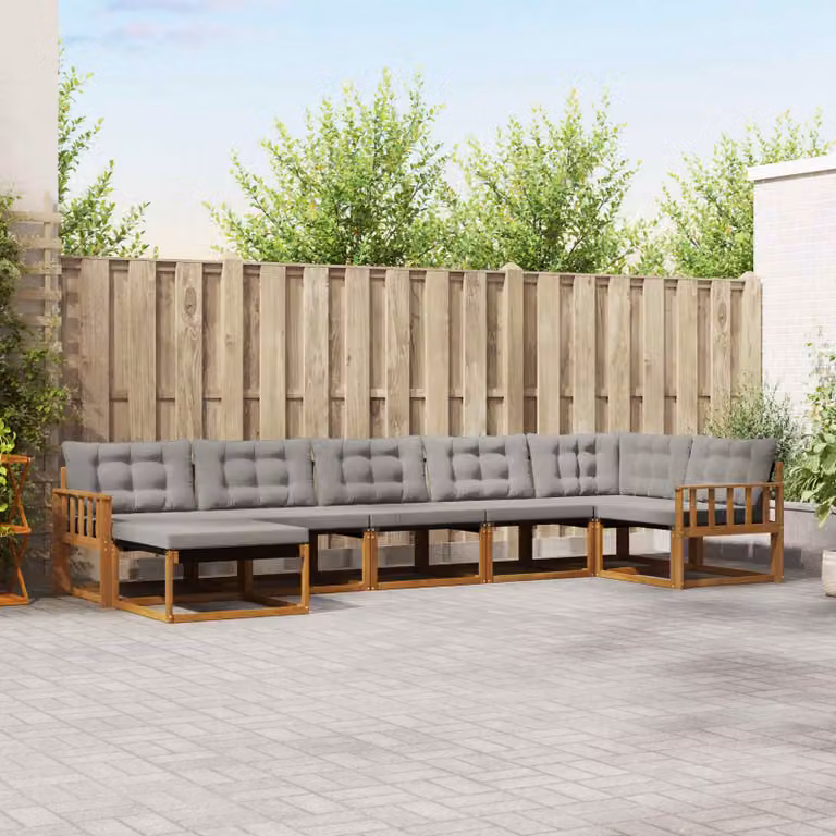 vidaXL Set di divani da esterno a L composto da 7 pezzi in legno di acacia e tessuto grigio con cuscini inclusi