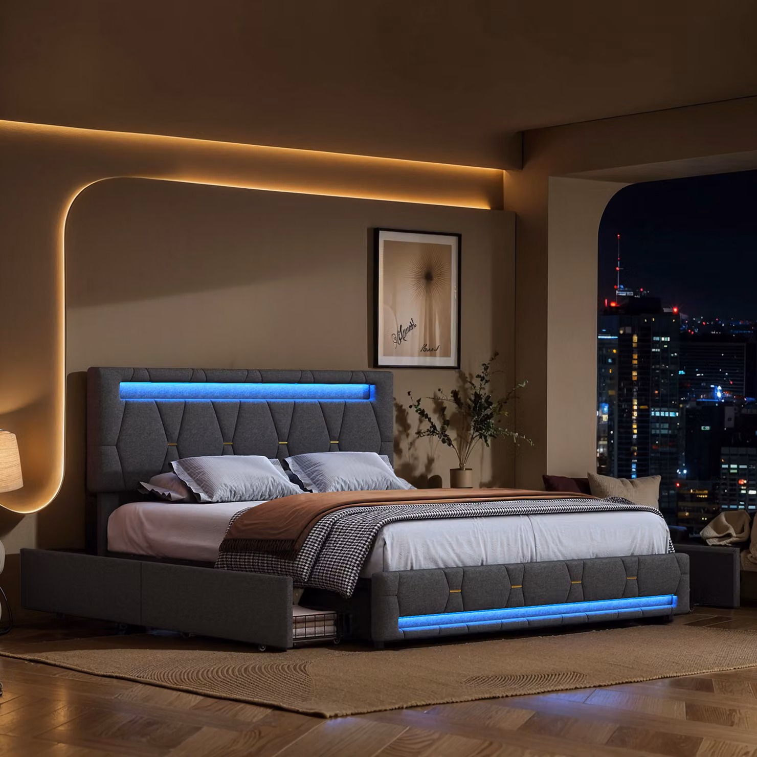 CDGlobal letto imbottito con LED e testata regolabile in altezza, letto matrimoniale letto contenitore letto giovanile con 4 cassetti, lino, 140x200cm