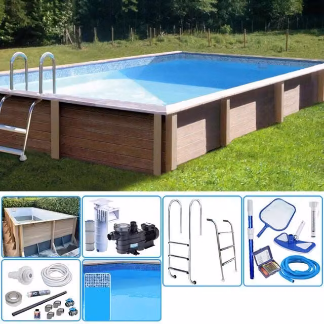 Piscina interrata NATURALIS in pietra ricostruita effetto legno, rettangolare, L: 609 cm, P: 324 cm, H: 128 cm, colore blu e marrone con filtrazione a cartuccia