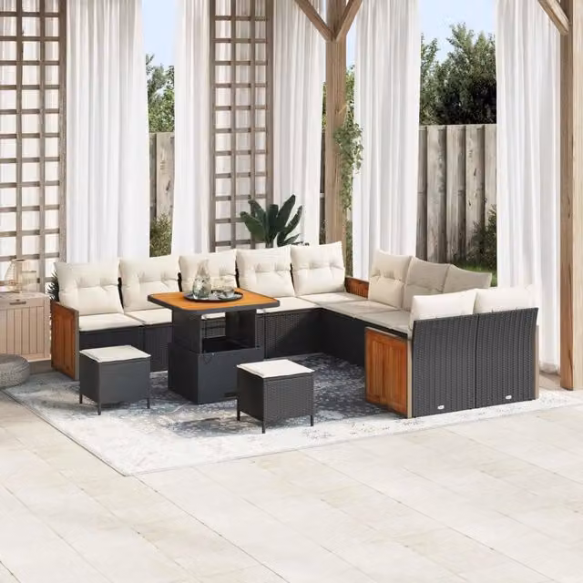 Set Divano da Giardino Moderno vidaXL in Rattan e Legno di Acacia, 13 Posti, Nero e Crema