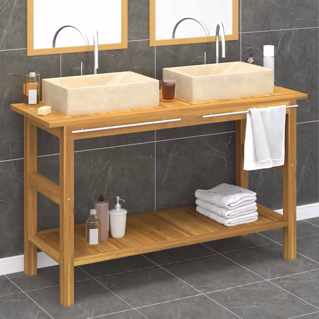 Mobile vanità da bagno vidaXL in legno massello di teak e marmo color crema e marrone