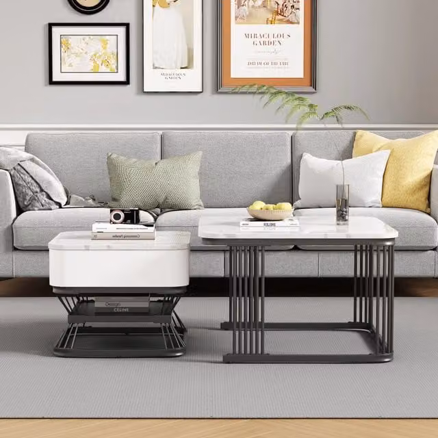 Set 2 Tavolini da Caffè Geometrici, Bianco e Nero Effetto Marmo Lucido, con 1 Cassetto, 70x70x45 cm + 50x50x40 cm