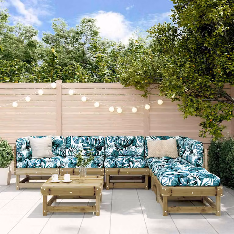 Set Salotto da Giardino vidaXL in Legno di Pino con Cuscini Floreali Verdi, 7 Pezzi, Forma a L, Destra