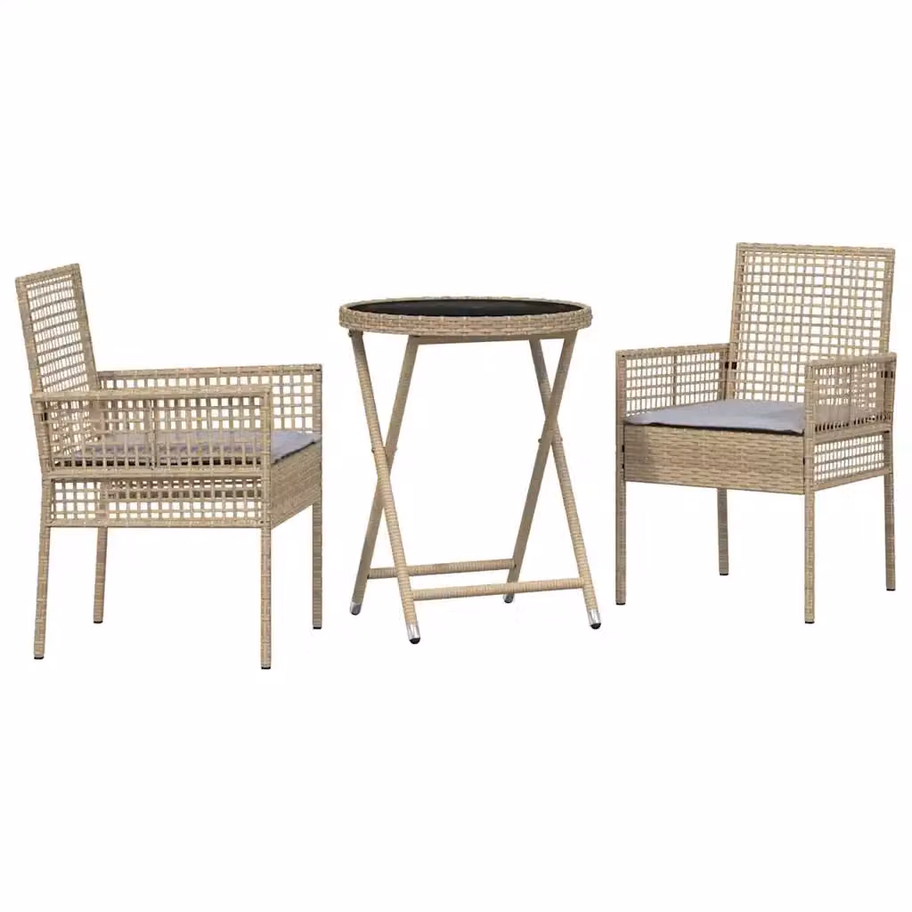 Set Bistro da Giardino 3 Pezzi vidaXL in Polyrattan Beige con Tavolo in Vetro – 2