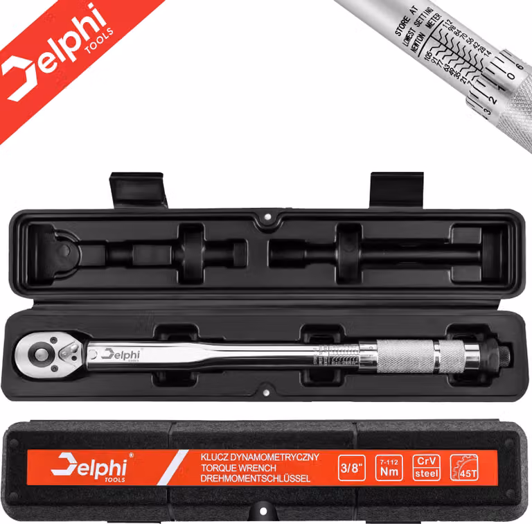 Chiave dinamometrica Delphi Tools da 3/8", 7–112 Nm – acciaio CrMo, con custodia, per auto e moto