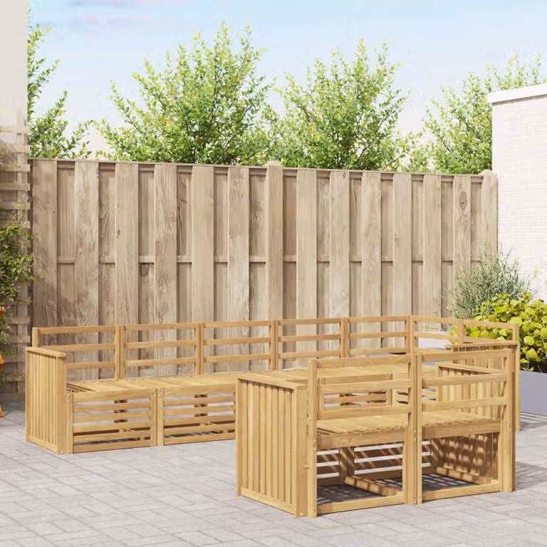 Set di divani da esterno vidaXL 8 pz in legno di acacia massello con cuscini bianchi e marroni a forma di L per giardino e terrazza