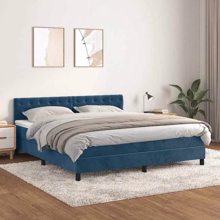 vidaXL Letto Ibrido con Giroletto a Molle e Materasso in Velluto Blu e Bianco L/P: 160 x 200 cm