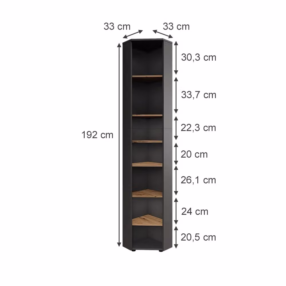 Mobile alto ad angolo Vicco Irma Antracite e Rovere, con 7 scomparti, L 33 cm x H 192 cm – 2