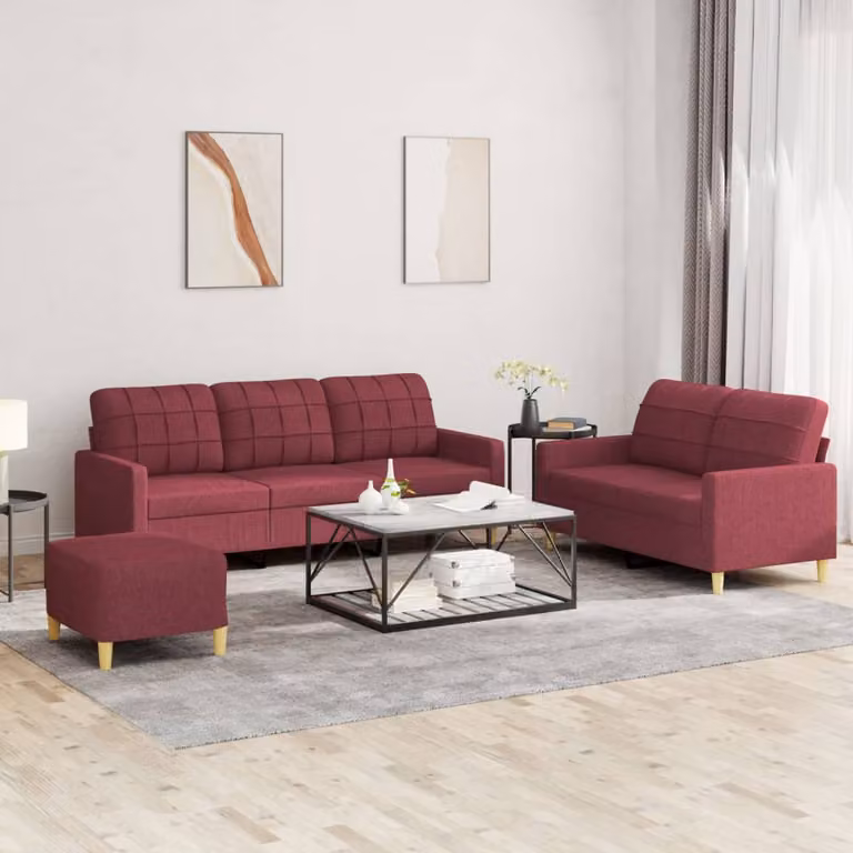 vidaXL Set di Divani 3 Pezzi Moderno in Tessuto Rosso con Cuscini e Pouf