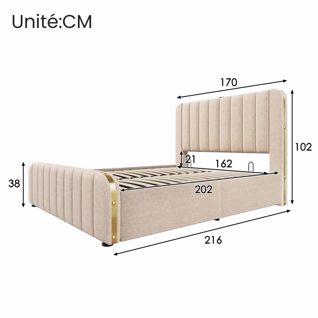 Letto contenitore singolo OKWISH con materasso ibrido, testiera imbottita e porte di ricarica USB, colore beige e dettagli oro, L/P: 90 x 200 cm – 2