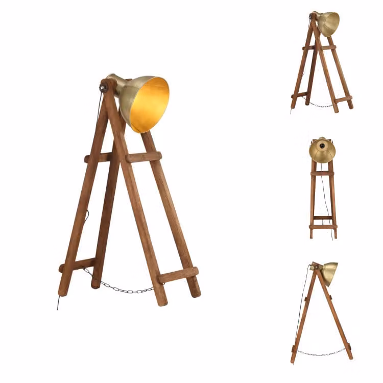 vidaXL Lampada da terra in ottone E27 in legno massiccio di mango - Lampade