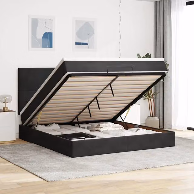 Letto con contenitore a sollevamento vidaXL in velluto nero e bianco con illuminazione sottostante e porte USB L/P/H: 180 x 200 x 128 cm