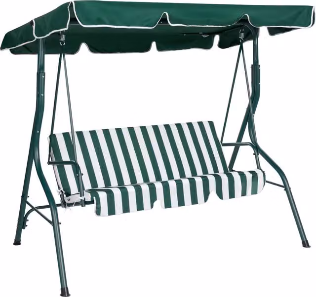 Altalena da giardino Beliani a 3 posti con baldacchino a righe verdi e struttura in acciaio verniciato a polvere L: 260 cm, P: 147 cm, H: 118 cm