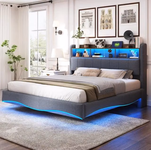 Letto imbottito sospeso 160x200 cm grigio con LED, USB/Type-C e vano testiera